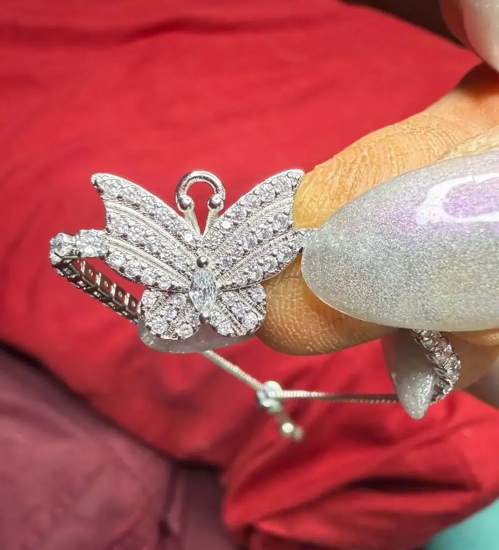 Silver Tone Cubic Zirconia Butterfly Bolo Bracelet